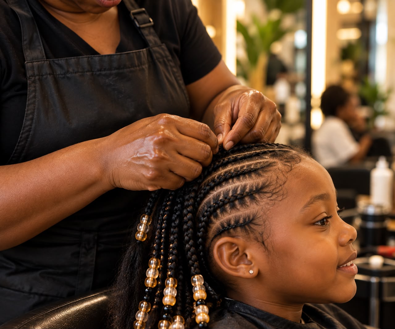 A braider carefully parting and braiding a smiling girl's cornrows