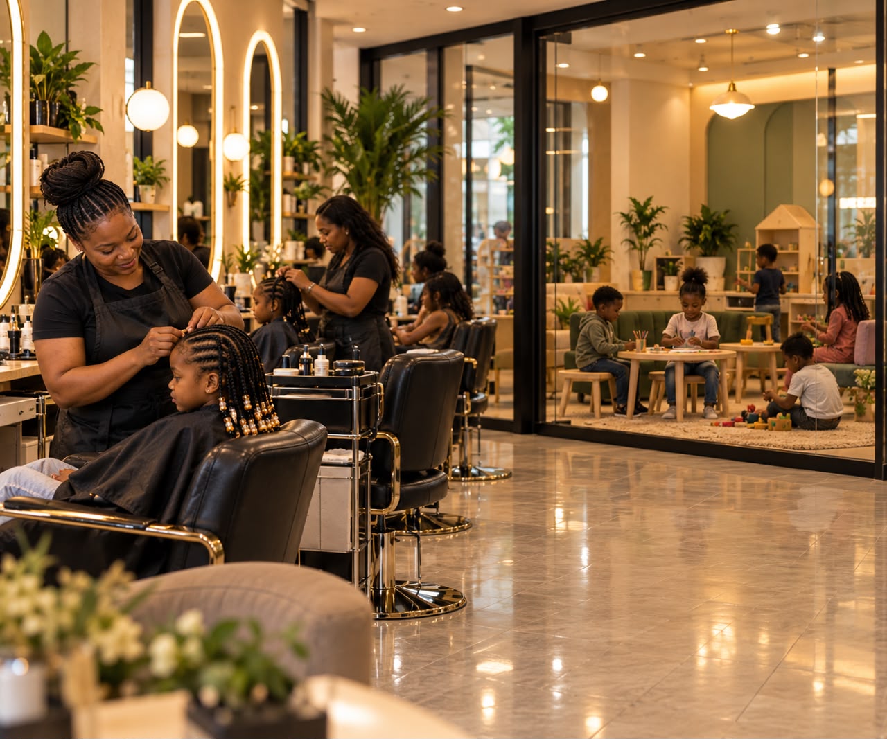 The salon floor with braiders at work and the children's playroom behind glass