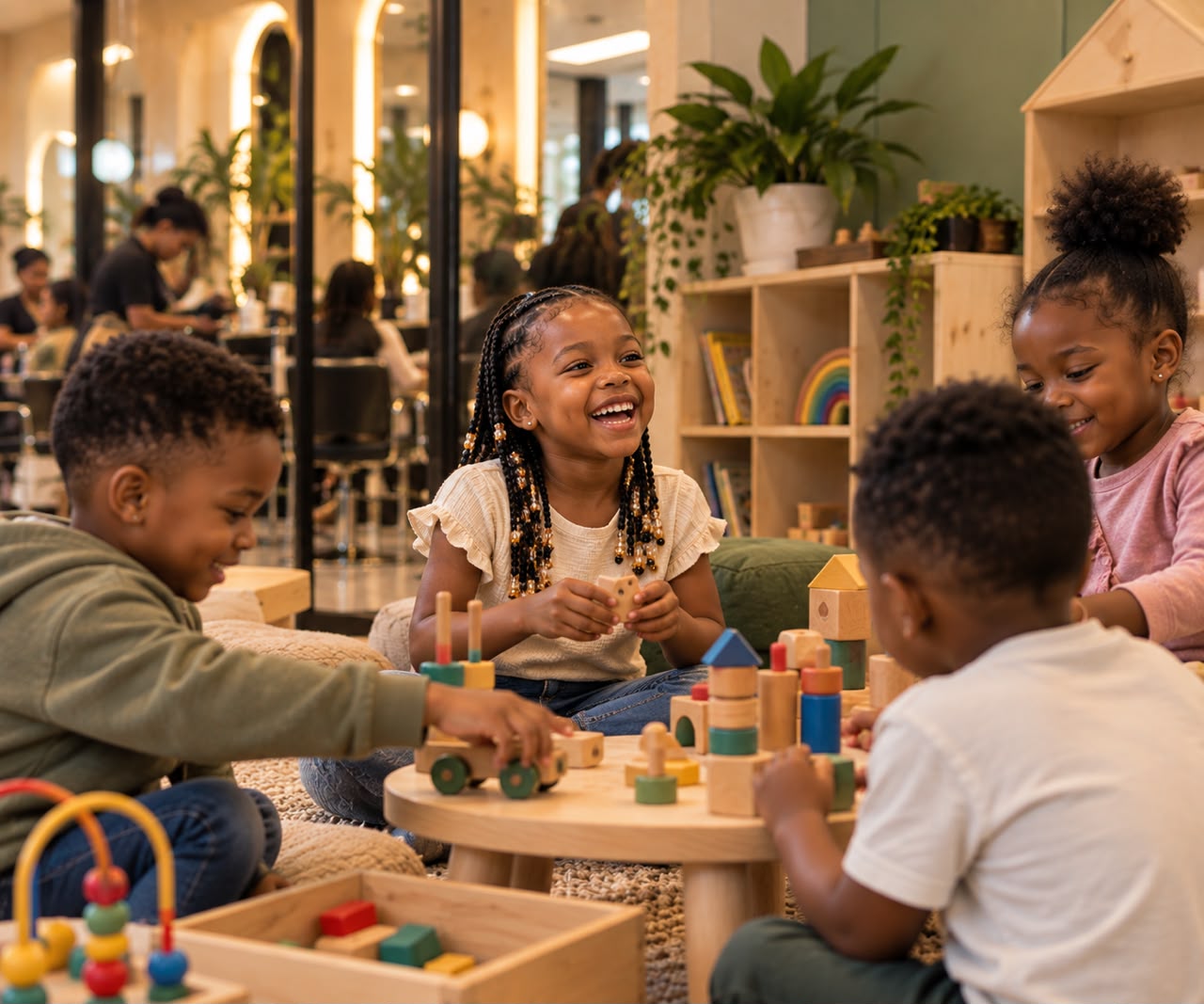 Children playing with wooden blocks in the glass-walled salon playroom